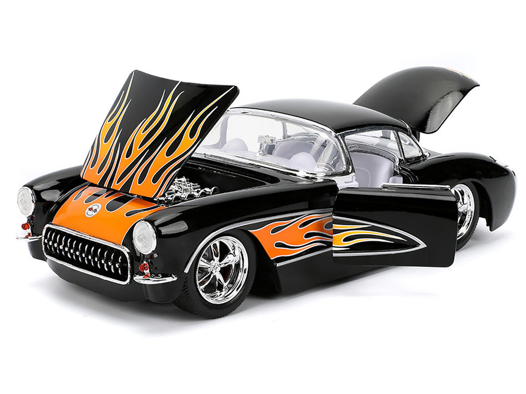 1957 Chevrolet Corvette Black with Flame Graphics and White Interior "Bigtime Muscle" Series 1/24 Diecast Model Car by Jada-3
