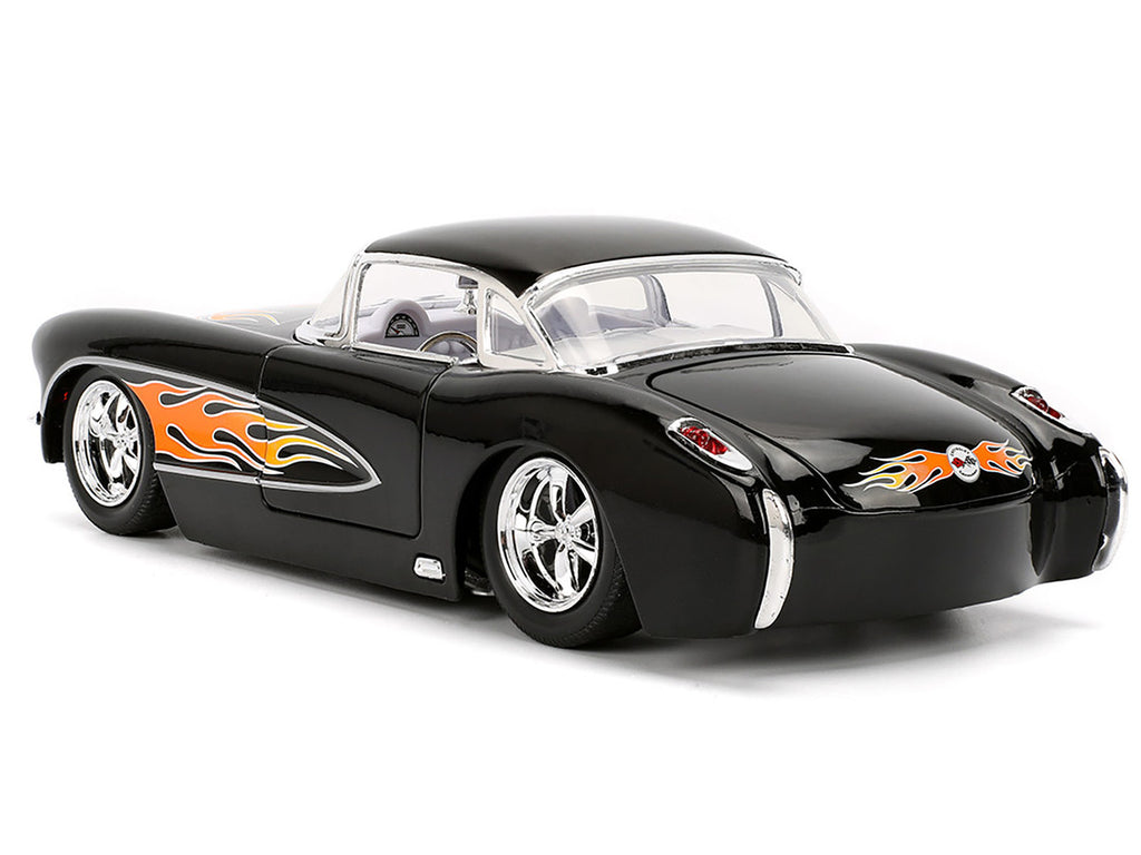 1957 Chevrolet Corvette Black with Flame Graphics and White Interior "Bigtime Muscle" Series 1/24 Diecast Model Car by Jada-0