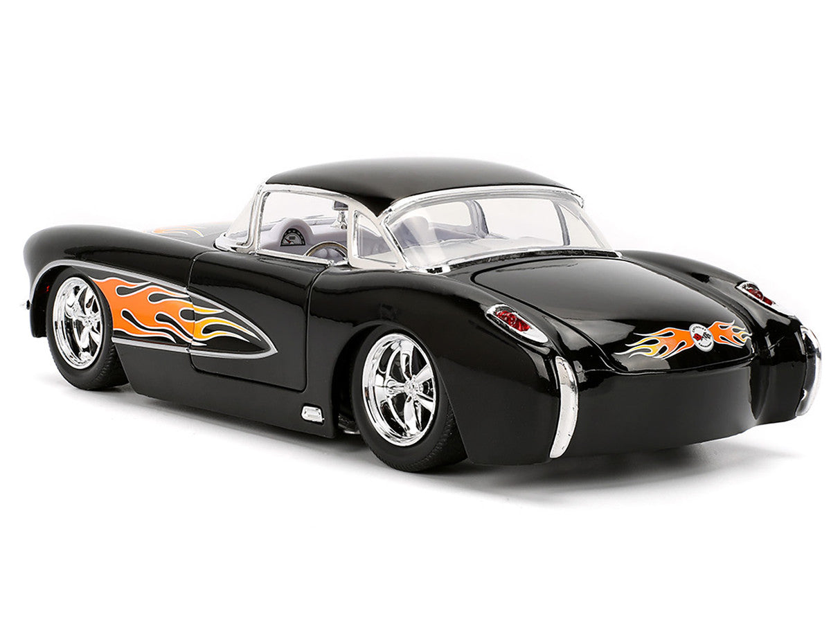 1957 Chevrolet Corvette Black with Flame Graphics and White Interior "Bigtime Muscle" Series 1/24 Diecast Model Car by Jada-0
