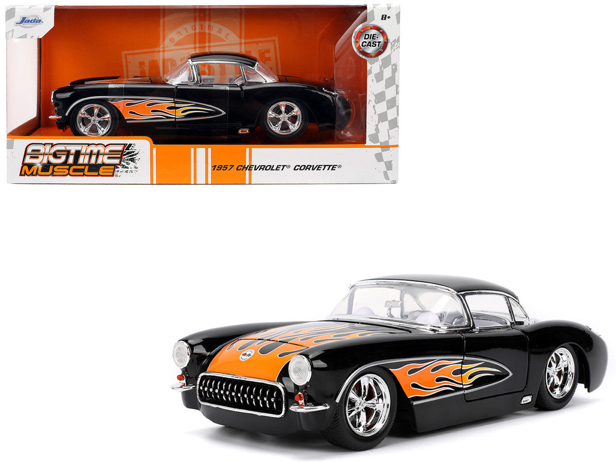 1957 Chevrolet Corvette Black with Flame Graphics and White Interior "Bigtime Muscle" Series 1/24 Diecast Model Car by Jada-4
