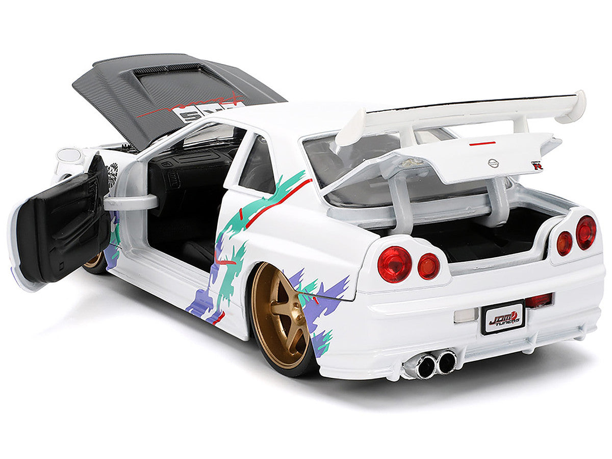 2002 Nissan Skyline GT-R (R34) RHD (Right Hand Drive) "HKS Power" White with Carbon Hood and Graphics "JDM Tuners" Series 1/24 Diecast Model Car by Jada-3