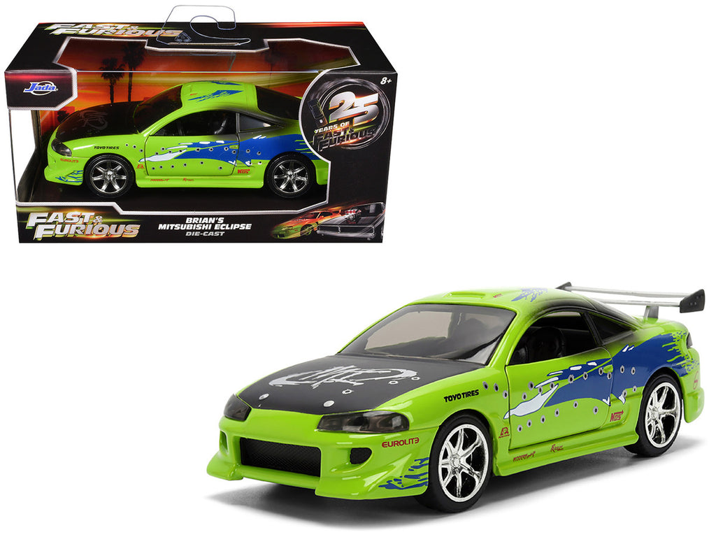 Brian's Mitsubishi Eclipse Green with Graphics (Damaged Version) "25 Years of Fast & Furious" "The Fast and the Furious" (2001) Movie 1/32 Diecast Model Car by Jada-4