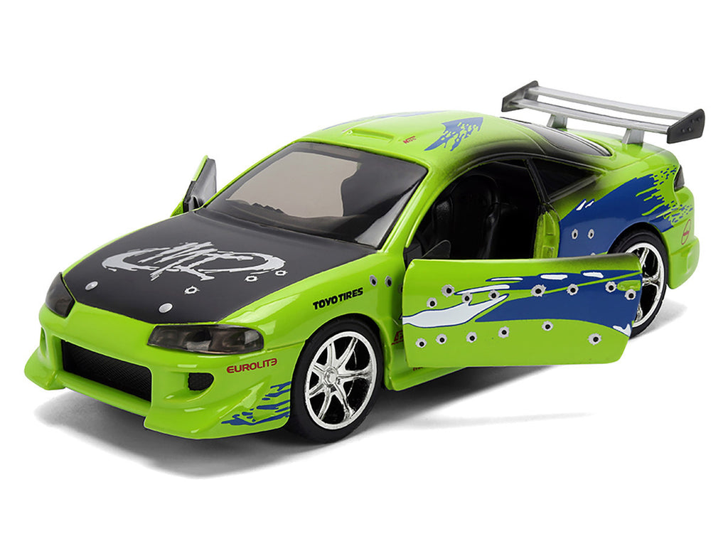 Brian's Mitsubishi Eclipse Green with Graphics (Damaged Version) "25 Years of Fast & Furious" "The Fast and the Furious" (2001) Movie 1/32 Diecast Model Car by Jada-1
