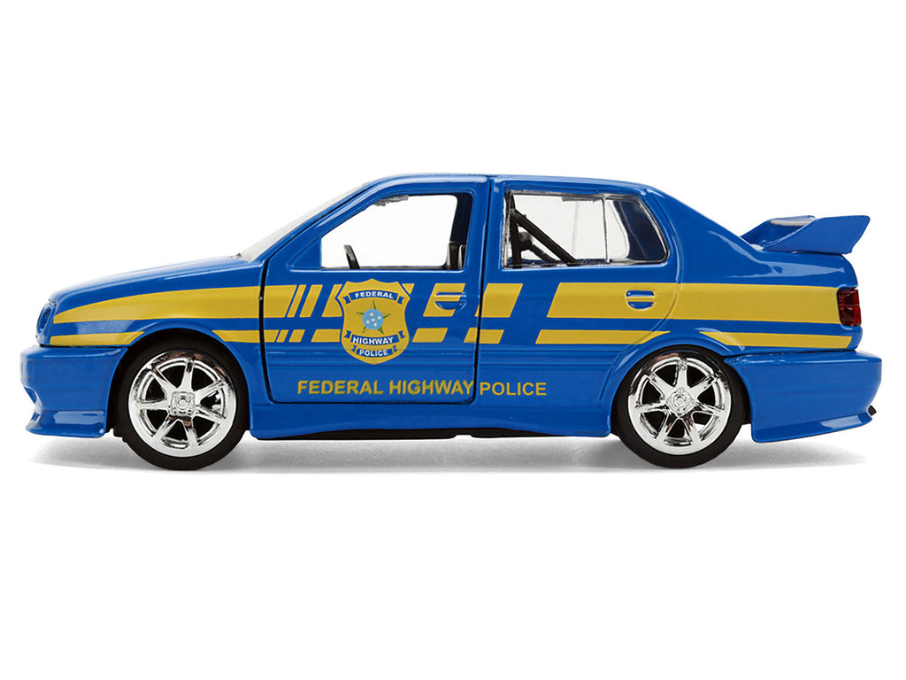 Volkswagen Jetta Police Vehicle "Rio Federal Highway Police" Blue with Yellow Stripes "Fast Five" (2011) Movie "Fast & Furious" Series 1/32 Diecast Model Car by Jada-0