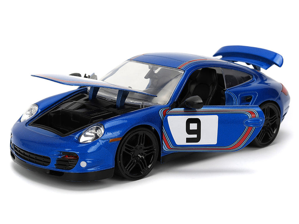 Porsche 911 Turbo (997) #9 Blue Metallic with Stripes "Hyper-Spec" Series 1/24 Diecast Model Car by Jada-1