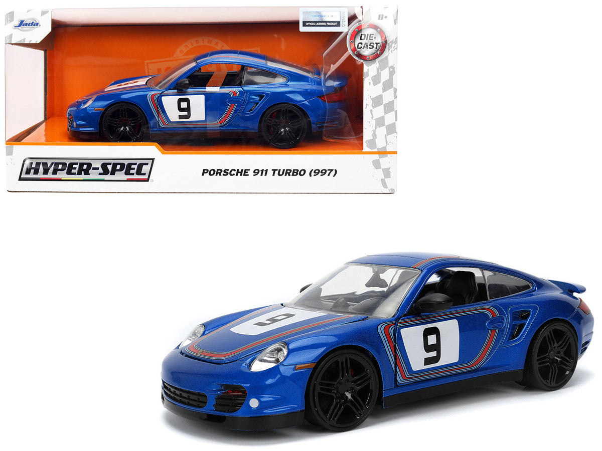 Porsche 911 Turbo (997) #9 Blue Metallic with Stripes "Hyper-Spec" Series 1/24 Diecast Model Car by Jada-0