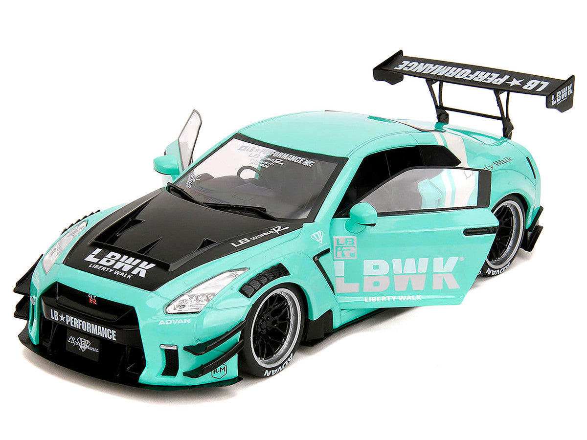 Nissan GT-R (R35) Liberty Walk Body Kit 2.0 RHD (Right Hand Drive) Light Blue with Black Hood and White Stripes "Pink Slips" Series 1/18 Diecast Model Car by Jada-3