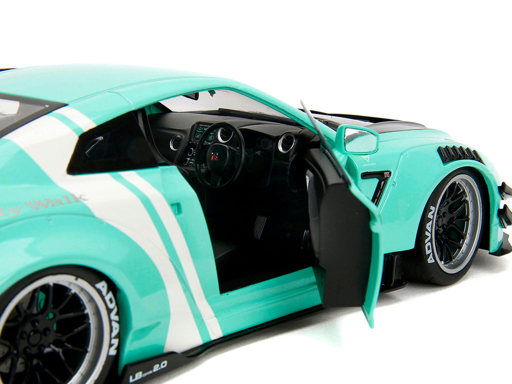 Nissan GT-R (R35) Liberty Walk Body Kit 2.0 RHD (Right Hand Drive) Light Blue with Black Hood and White Stripes "Pink Slips" Series 1/18 Diecast Model Car by Jada-1