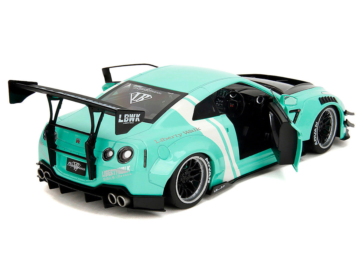 Nissan GT-R (R35) Liberty Walk Body Kit 2.0 RHD (Right Hand Drive) Light Blue with Black Hood and White Stripes "Pink Slips" Series 1/18 Diecast Model Car by Jada-0