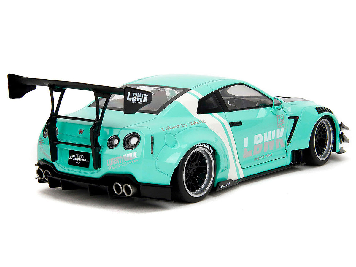 Nissan GT-R (R35) Liberty Walk Body Kit 2.0 RHD (Right Hand Drive) Light Blue with Black Hood and White Stripes "Pink Slips" Series 1/18 Diecast Model Car by Jada-2
