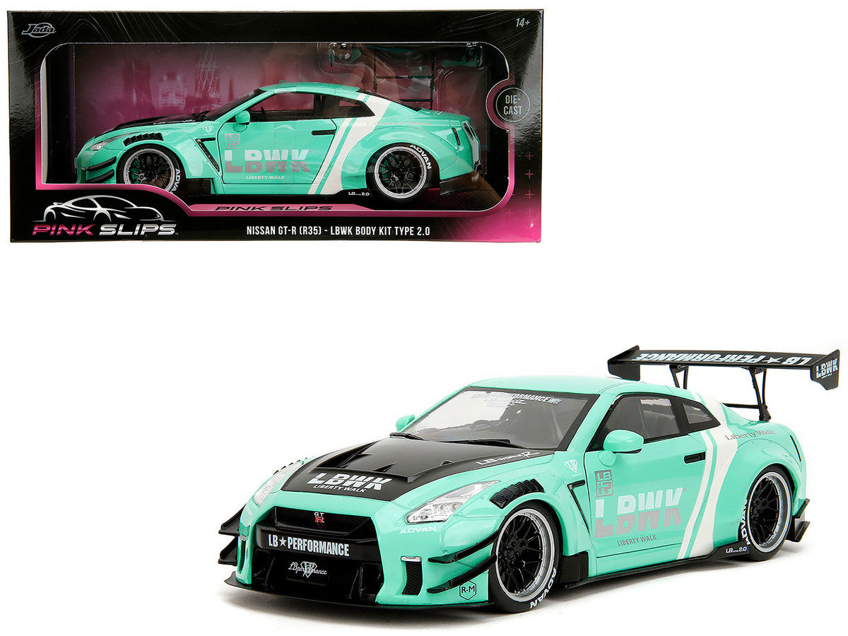 Nissan GT-R (R35) Liberty Walk Body Kit 2.0 RHD (Right Hand Drive) Light Blue with Black Hood and White Stripes "Pink Slips" Series 1/18 Diecast Model Car by Jada-4