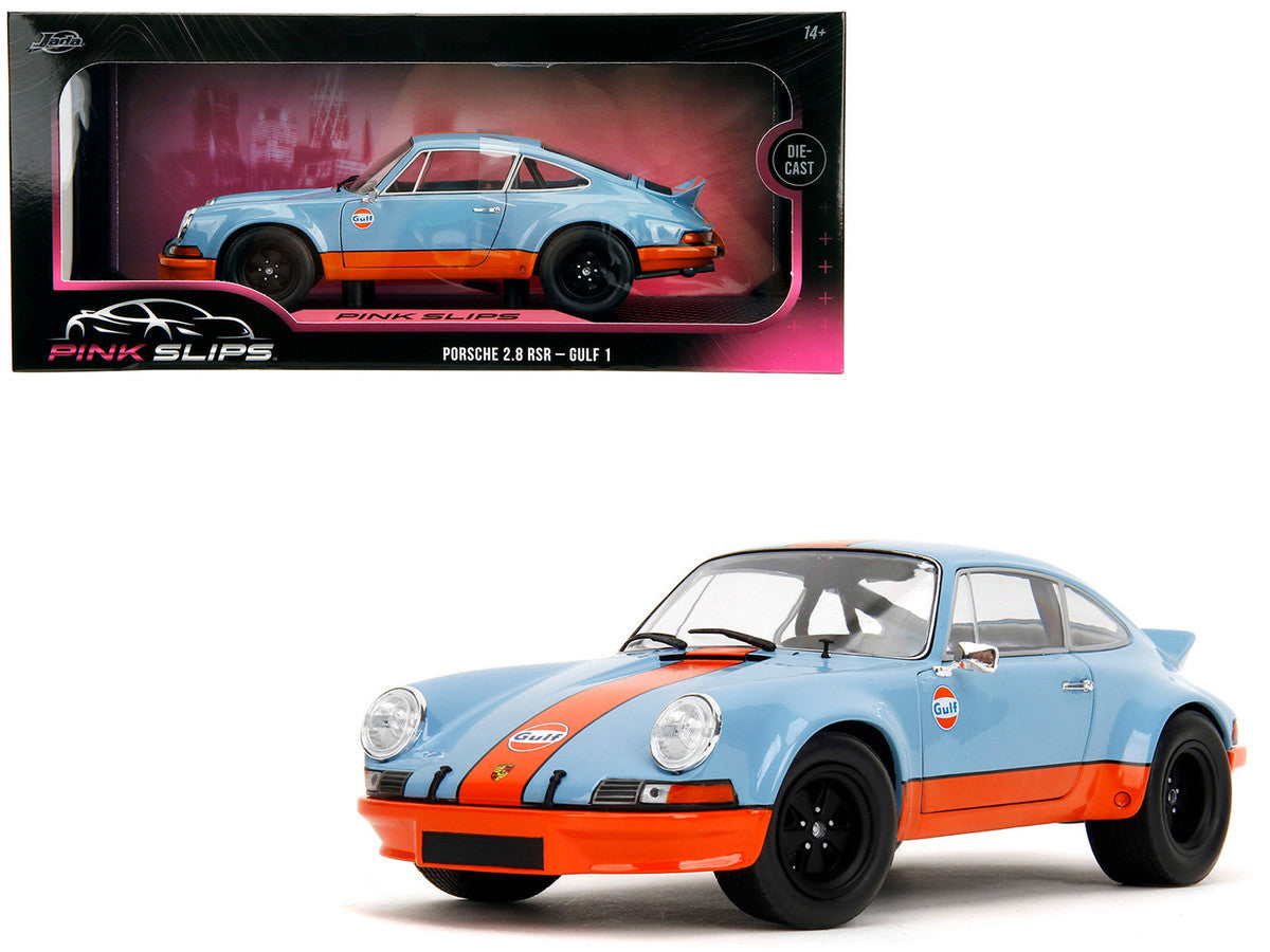 Porsche 911 RSR "Gulf Oil" Light Blue with Orange Stripes "Pink Slips" Series 1/18 Diecast Model Car by Jada-4