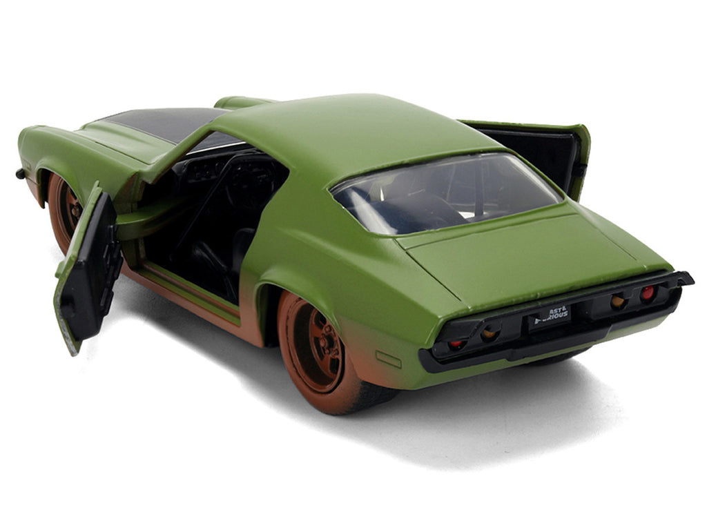 Dom's 1973 Chevrolet Camaro "F-Bomb" Matt Green (Dirty Version) with Black Hood Stripe "Fast & Furious" (2009) Movie "Fast & Furious 25 Years" Series 1/32 Diecast Model Car by Jada-2
