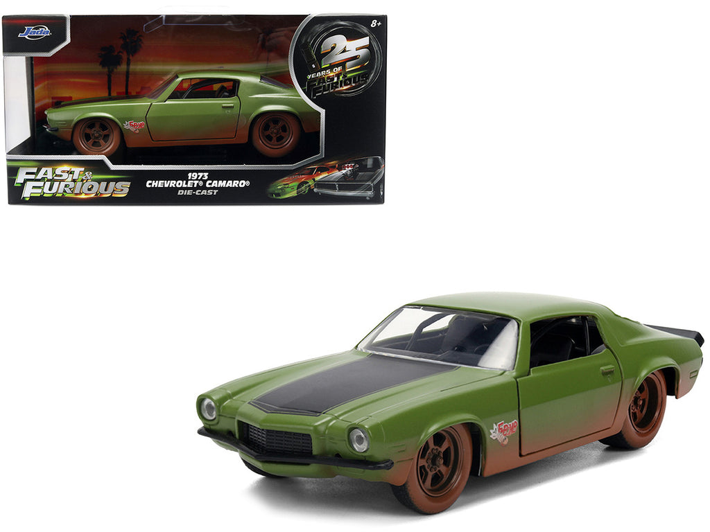Dom's 1973 Chevrolet Camaro "F-Bomb" Matt Green (Dirty Version) with Black Hood Stripe "Fast & Furious" (2009) Movie "Fast & Furious 25 Years" Series 1/32 Diecast Model Car by Jada-4