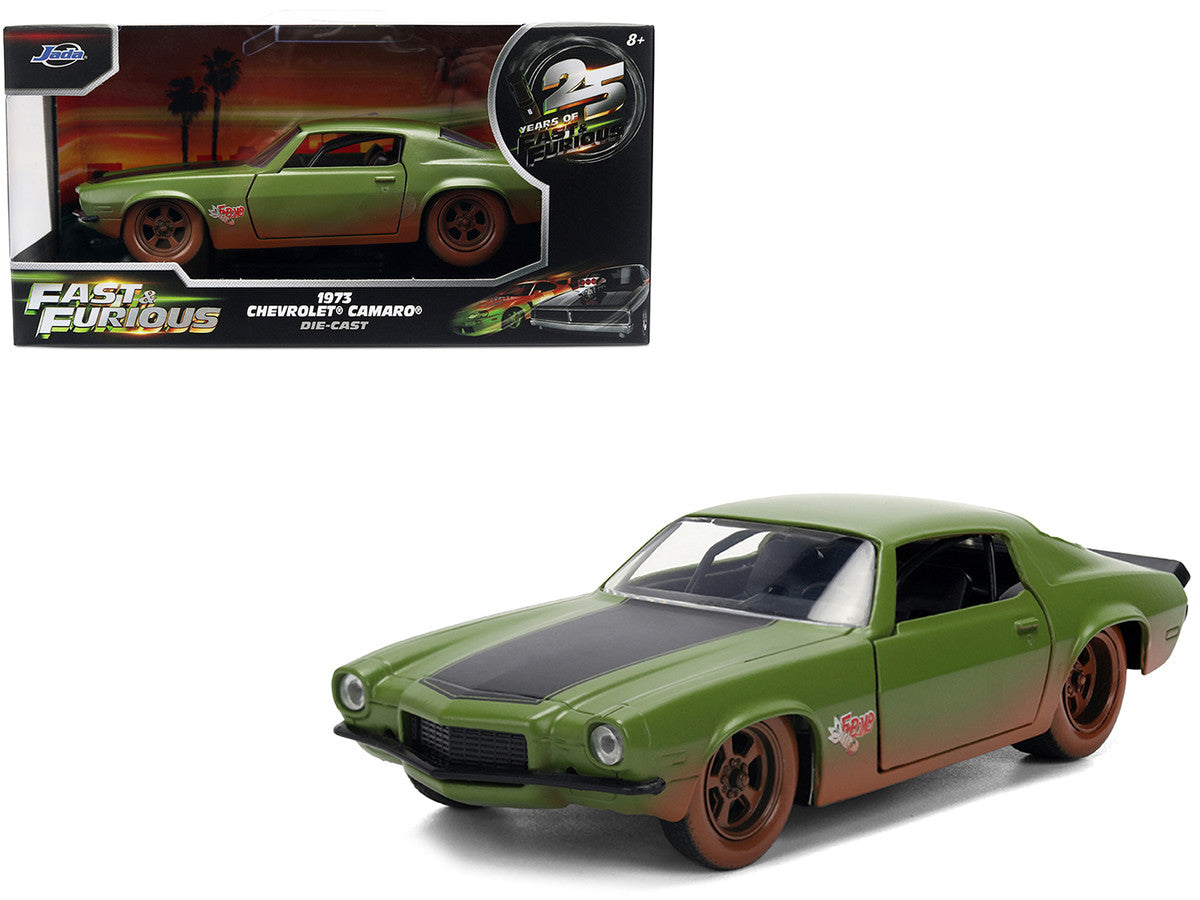 Dom's 1973 Chevrolet Camaro "F-Bomb" Matt Green (Dirty Version) with Black Hood Stripe "Fast & Furious" (2009) Movie "Fast & Furious 25 Years" Series 1/32 Diecast Model Car by Jada-4