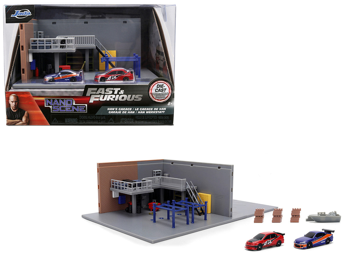 "Fast & Furious" Han's Garage Diorama with 2 Cars and Accessories "Nano Scene" Series 1/32 Model by Jada-4