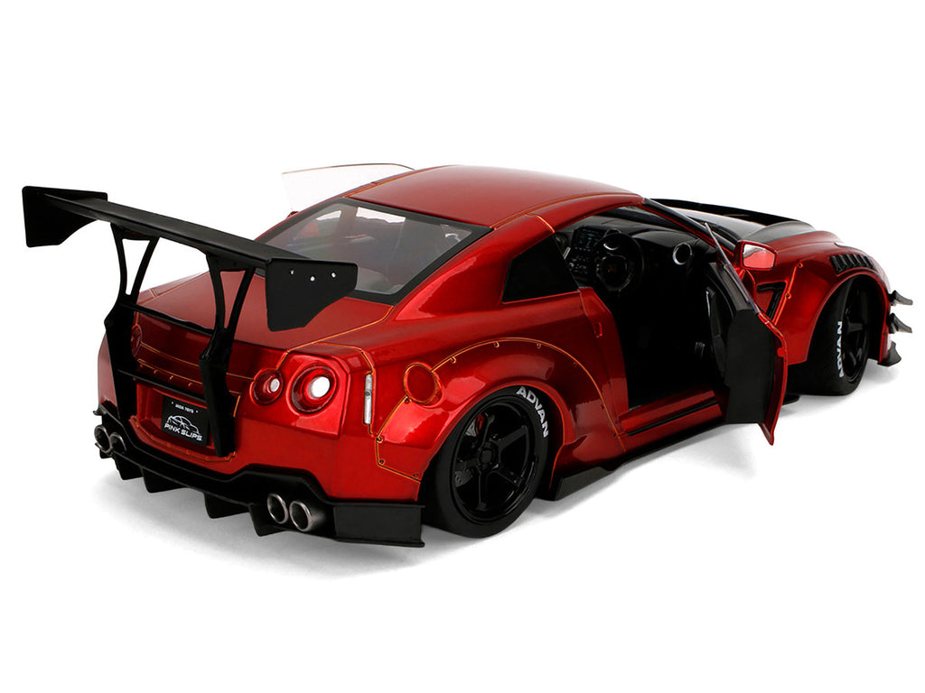 Nissan GT-R (R35) Liberty Walk Body Kit 2.0 RHD (Right Hand Drive) Red Metallic with Carbon Hood "Pink Slips" Series 1/18 Diecast Model Car by Jada-1