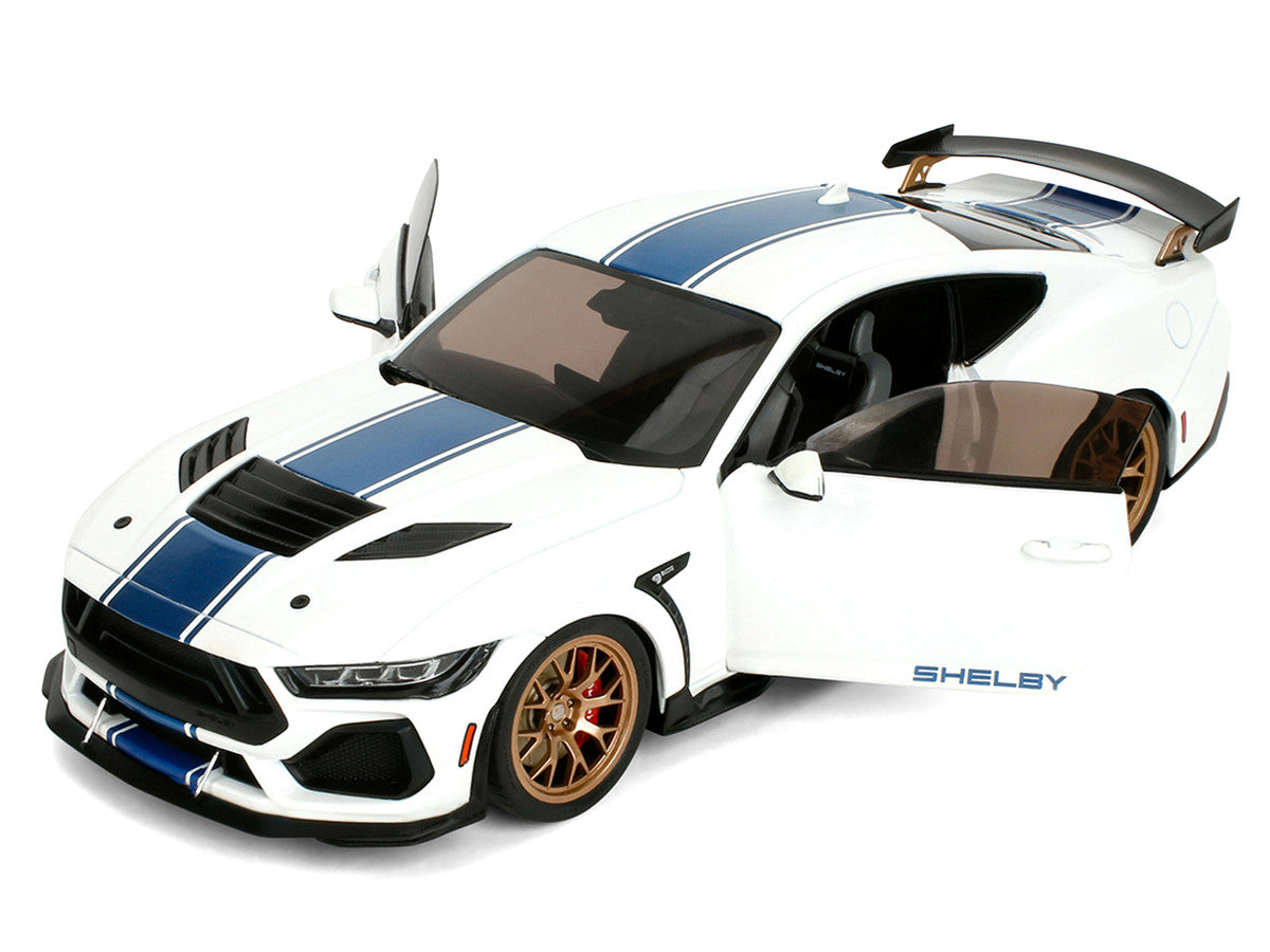 Ford Mustang Shelby Super Snake White Metallic with Blue Stripes and Gold Wheels "Pink Slips" Series 1/18 Diecast Model Car by Jada-3