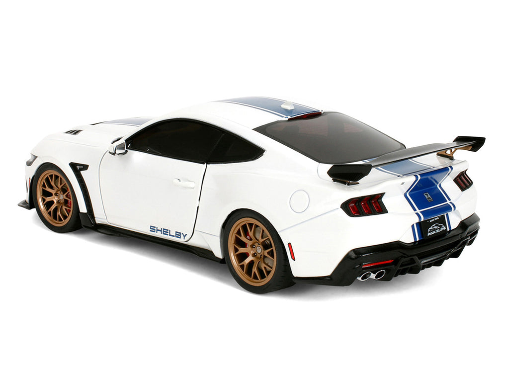 Ford Mustang Shelby Super Snake White Metallic with Blue Stripes and Gold Wheels "Pink Slips" Series 1/18 Diecast Model Car by Jada-1