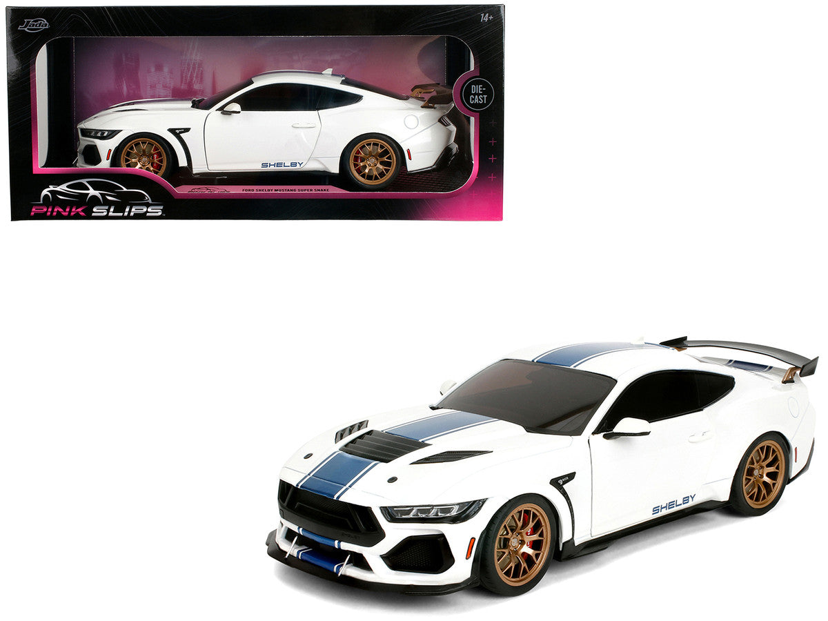 Ford Mustang Shelby Super Snake White Metallic with Blue Stripes and Gold Wheels "Pink Slips" Series 1/18 Diecast Model Car by Jada-4