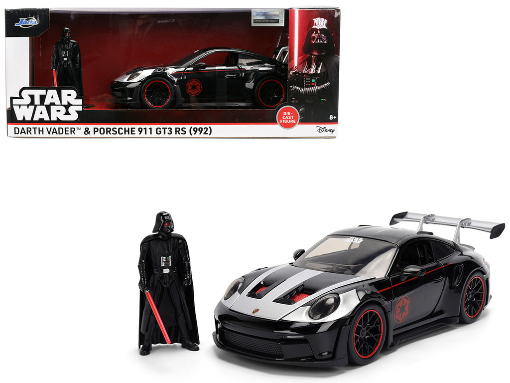 Porsche 911 GT3 RS (992) Black with Silver Hood and Graphics and Darth Vader Figure "Star Wars" Franchise "Hollywood Rides" Series 1/24 Diecast Model Car by Jada-4