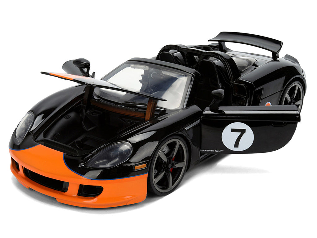 Porsche Carrera GT Convertible #7 "Gulf Oil" Black with Orange Graphics "Hyper-Spec" Series 1/24 Diecast Model Car by Jada-1