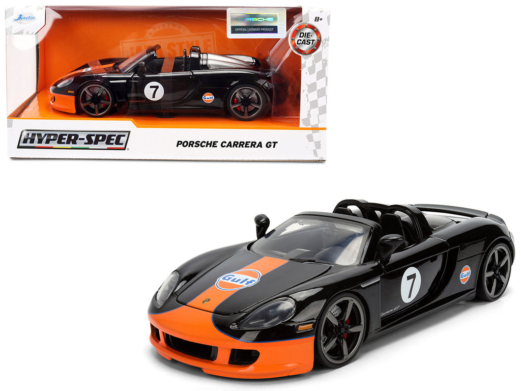 Porsche Carrera GT Convertible #7 "Gulf Oil" Black with Orange Graphics "Hyper-Spec" Series 1/24 Diecast Model Car by Jada-0