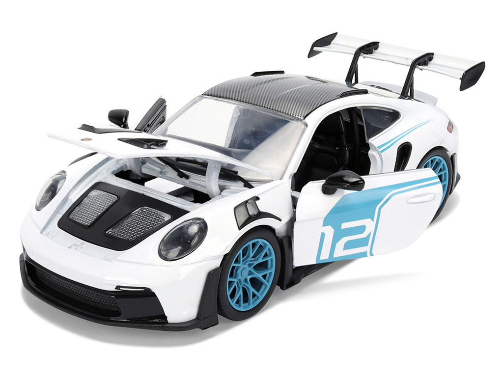 Porsche 911 GT3 RS (992) #12 White with Blue Stripes and Carbon Top "Hyper-Spec" Series 1/24 Diecast Model Car by Jada-1