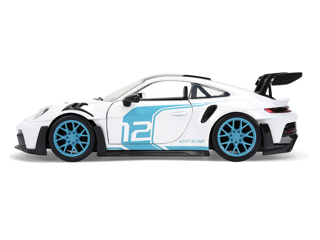 Porsche 911 GT3 RS (992) #12 White with Blue Stripes and Carbon Top "Hyper-Spec" Series 1/24 Diecast Model Car by Jada-0
