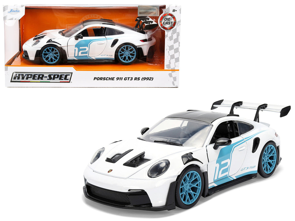Porsche 911 GT3 RS (992) #12 White with Blue Stripes and Carbon Top "Hyper-Spec" Series 1/24 Diecast Model Car by Jada-4