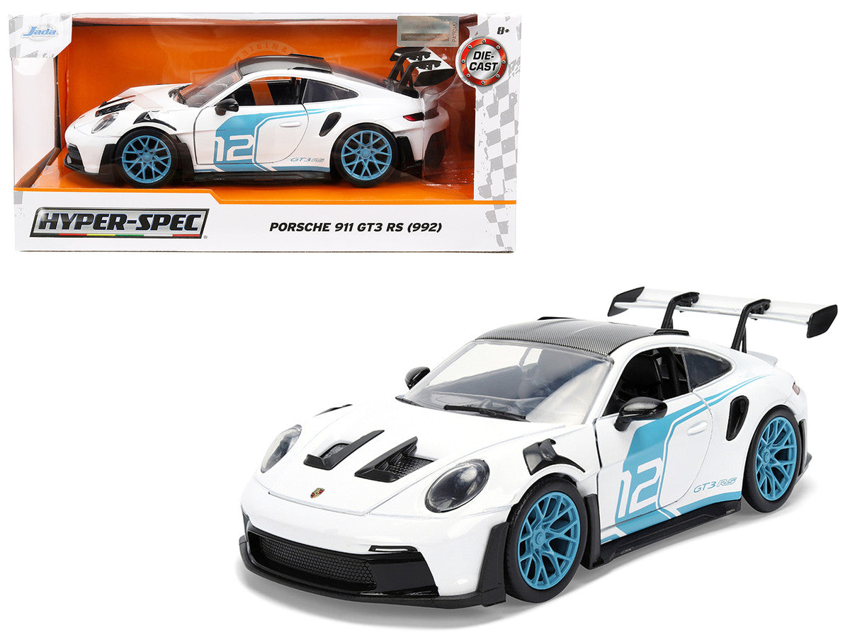 Porsche 911 GT3 RS (992) #12 White with Blue Stripes and Carbon Top "Hyper-Spec" Series 1/24 Diecast Model Car by Jada-4