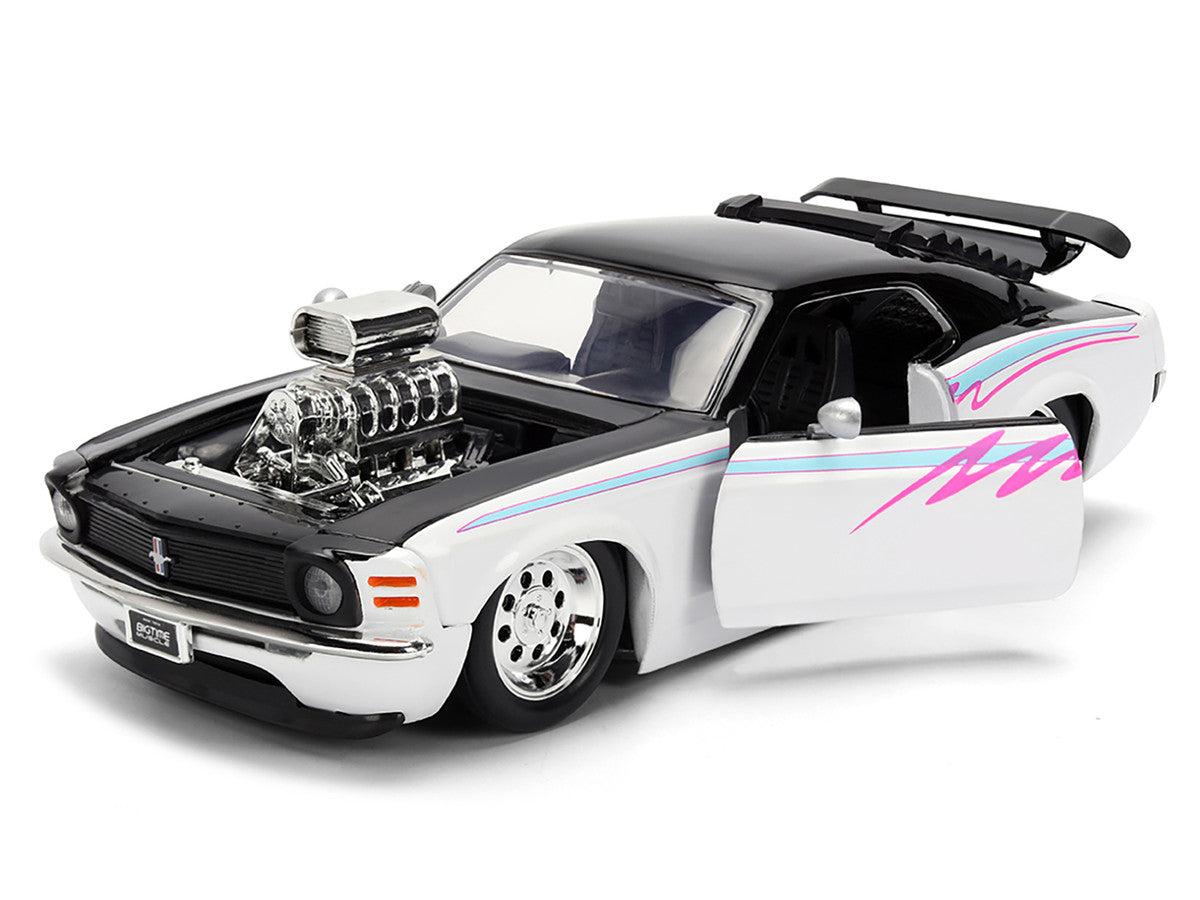 1970 Ford Mustang Boss 429 Black and White with Graphics "Bigtime Muscle" Series 1/24 Diecast Model Car by Jada-2