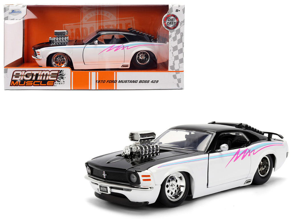 1970 Ford Mustang Boss 429 Black and White with Graphics "Bigtime Muscle" Series 1/24 Diecast Model Car by Jada-4