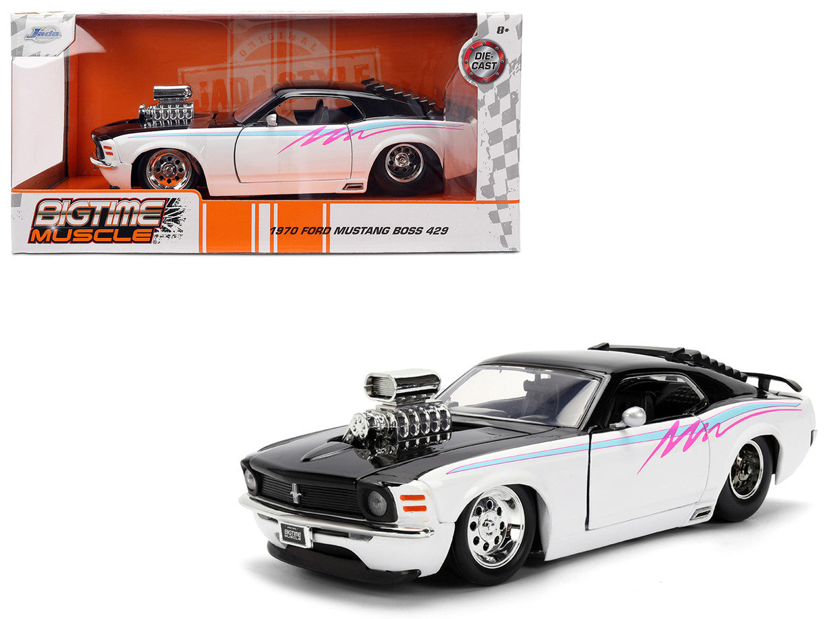 1970 Ford Mustang Boss 429 Black and White with Graphics "Bigtime Muscle" Series 1/24 Diecast Model Car by Jada-4