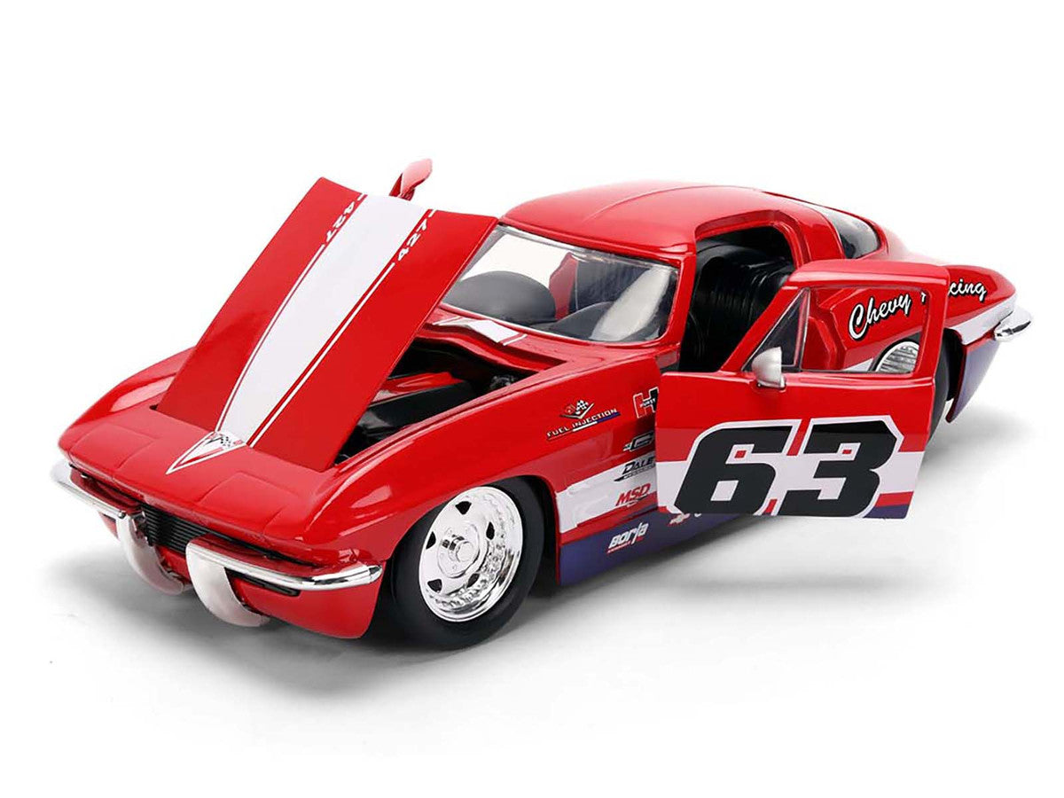 1963 Chevrolet Corvette Stingray #63 "Chevy Racing" Red with White and Blue Stripes "Bigtime Muscle" Series 1/24 Diecast Model Car by Jada-1
