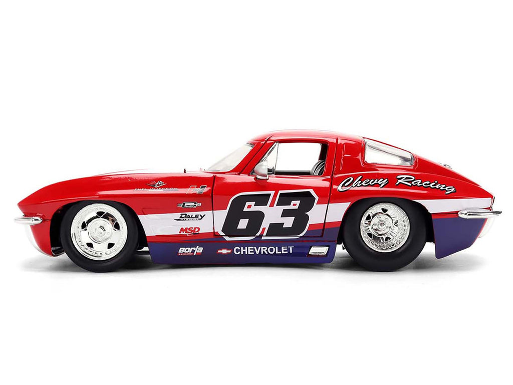1963 Chevrolet Corvette Stingray #63 "Chevy Racing" Red with White and Blue Stripes "Bigtime Muscle" Series 1/24 Diecast Model Car by Jada-3