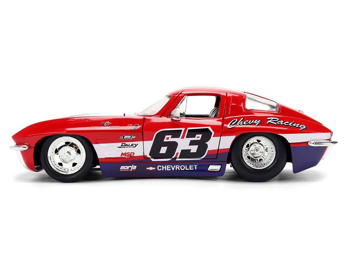 1963 Chevrolet Corvette Stingray #63 "Chevy Racing" Red with White and Blue Stripes "Bigtime Muscle" Series 1/24 Diecast Model Car by Jada-3