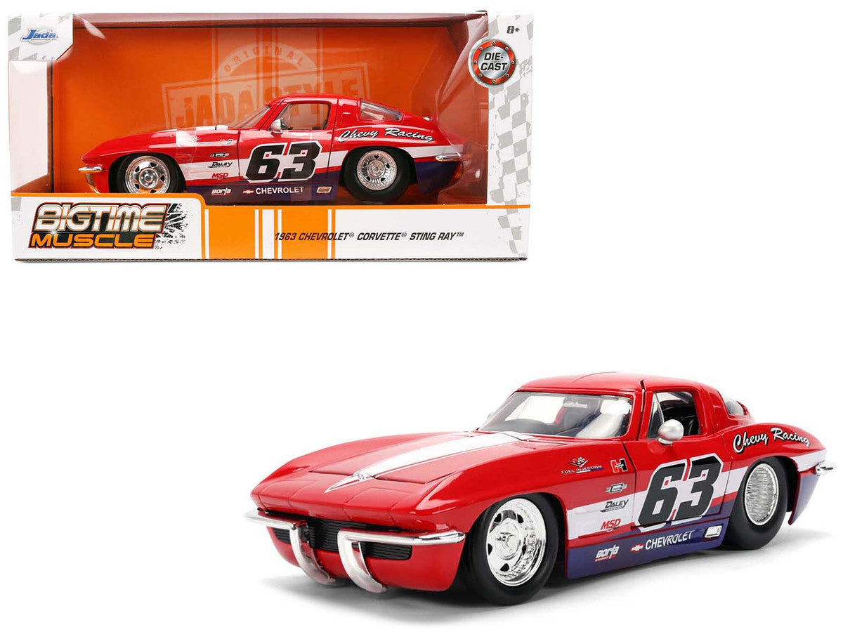 1963 Chevrolet Corvette Stingray #63 "Chevy Racing" Red with White and Blue Stripes "Bigtime Muscle" Series 1/24 Diecast Model Car by Jada-4