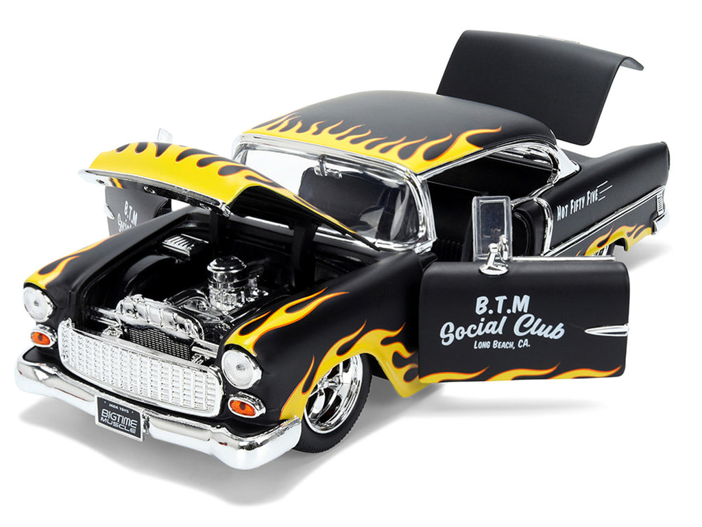 1955 Chevrolet Bel Air "BTM Social Club" Matt Black with Flames "Bigtime Muscle" Series 1/24 Diecast Model Car by Jada-3