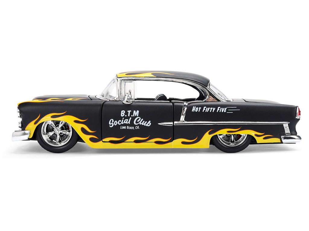 1955 Chevrolet Bel Air "BTM Social Club" Matt Black with Flames "Bigtime Muscle" Series 1/24 Diecast Model Car by Jada-0