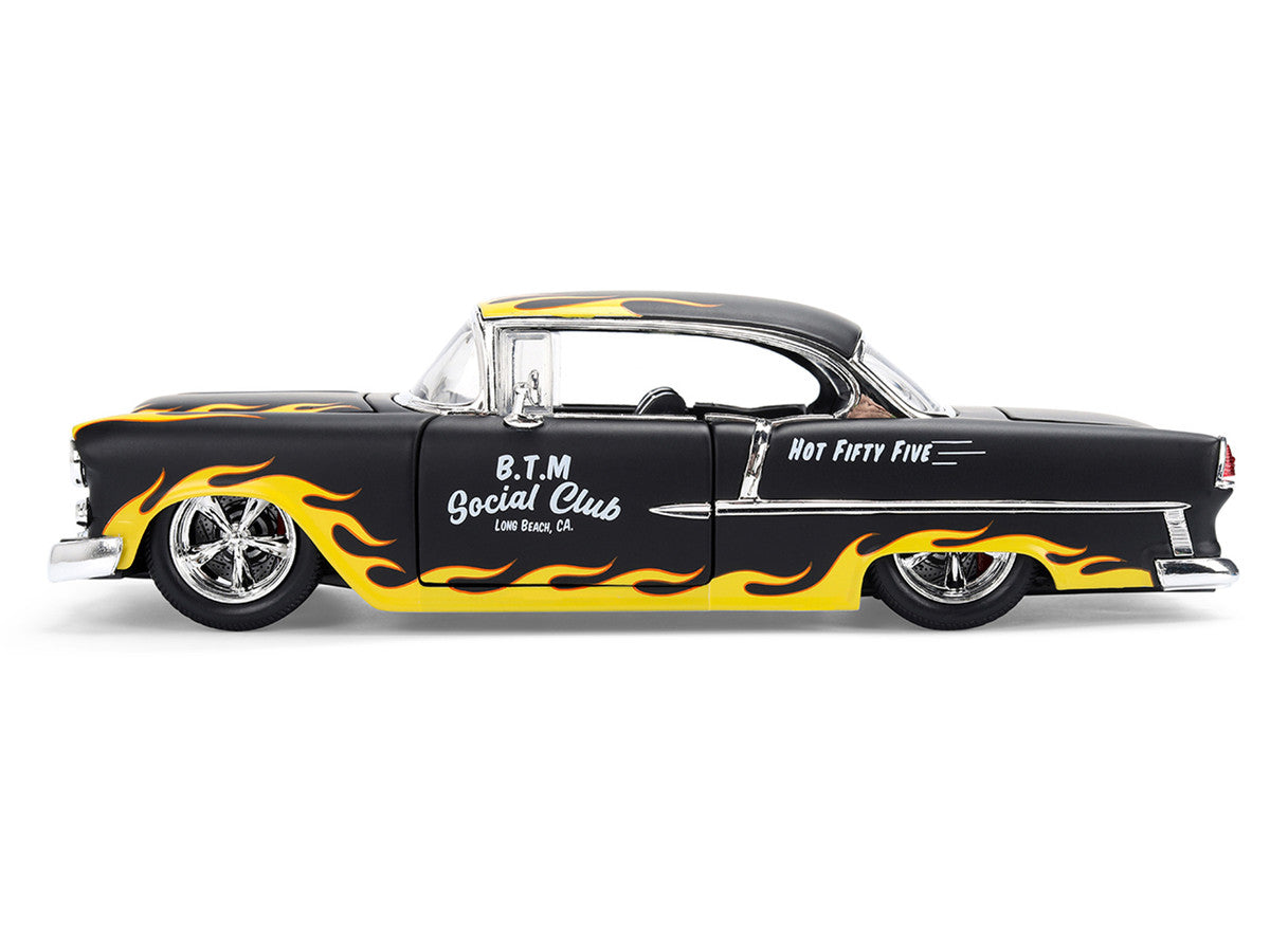 1955 Chevrolet Bel Air "BTM Social Club" Matt Black with Flames "Bigtime Muscle" Series 1/24 Diecast Model Car by Jada-0