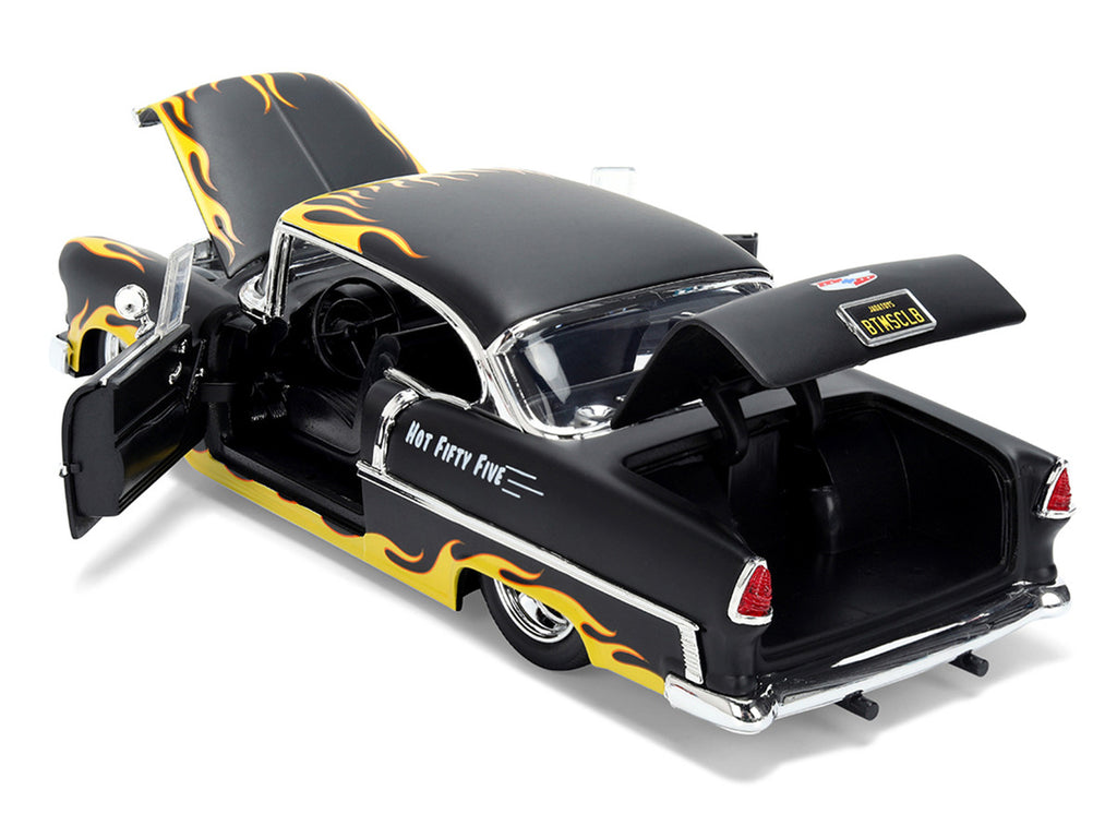1955 Chevrolet Bel Air "BTM Social Club" Matt Black with Flames "Bigtime Muscle" Series 1/24 Diecast Model Car by Jada-2