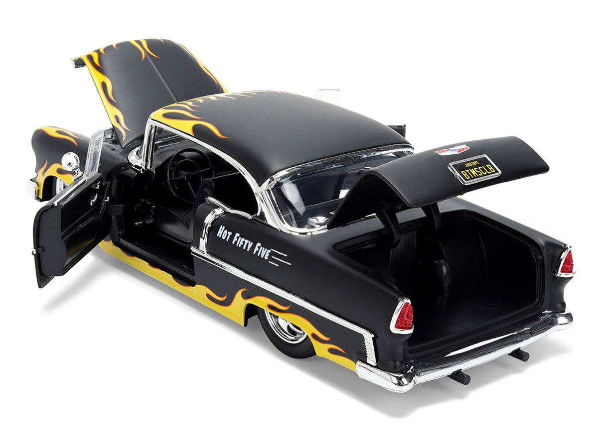 1955 Chevrolet Bel Air "BTM Social Club" Matt Black with Flames "Bigtime Muscle" Series 1/24 Diecast Model Car by Jada-2