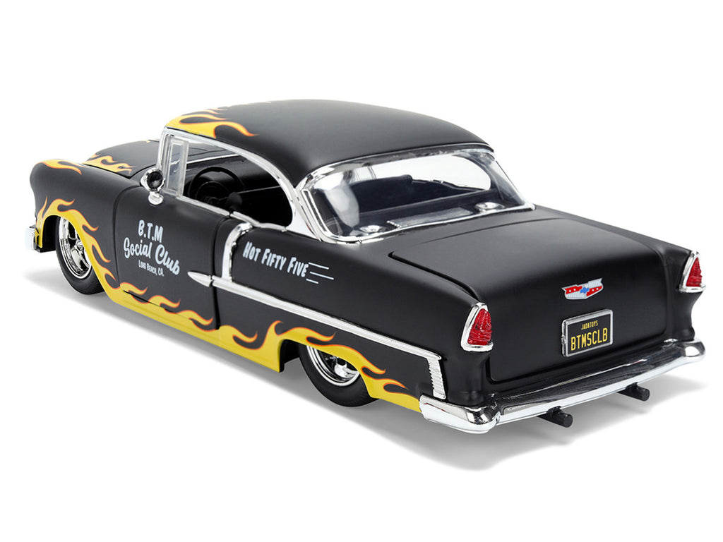 1955 Chevrolet Bel Air "BTM Social Club" Matt Black with Flames "Bigtime Muscle" Series 1/24 Diecast Model Car by Jada-1