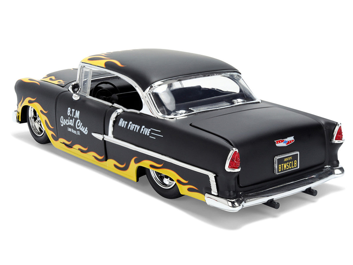 1955 Chevrolet Bel Air "BTM Social Club" Matt Black with Flames "Bigtime Muscle" Series 1/24 Diecast Model Car by Jada-1