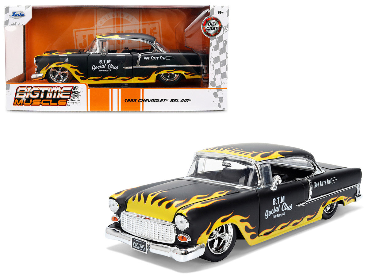 1955 Chevrolet Bel Air "BTM Social Club" Matt Black with Flames "Bigtime Muscle" Series 1/24 Diecast Model Car by Jada-4