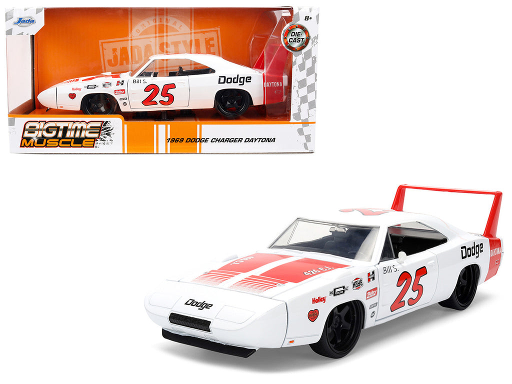 1969 Dodge Charger Daytona #25 White with Red Stripes "Bigtime Muscle" Series 1/24 Diecast Model Car by Jada-4