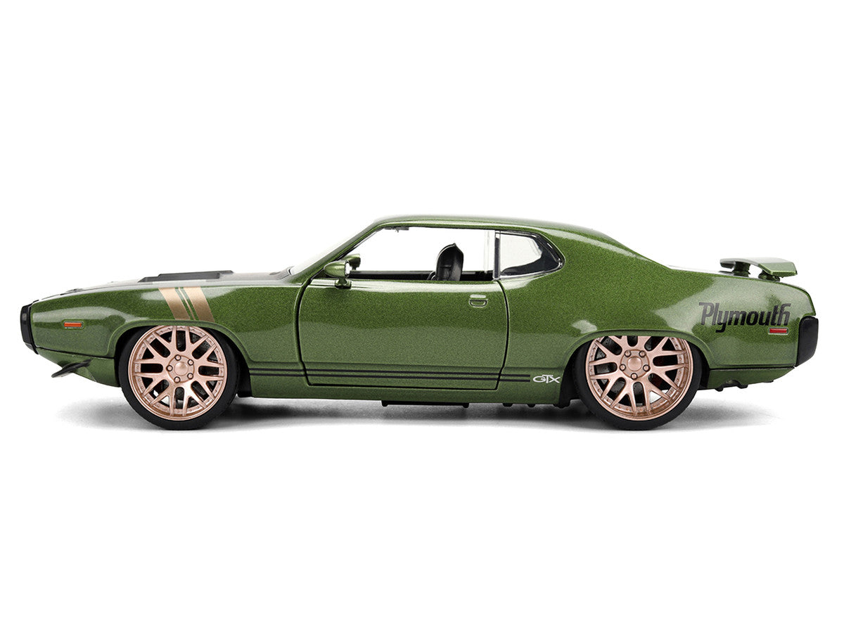 1972 Plymouth GTX Green Metallic with Matt Black Hood and Gold Stripes "Bigtime Muscle" Series 1/24 Diecast Model Car by Jada-2