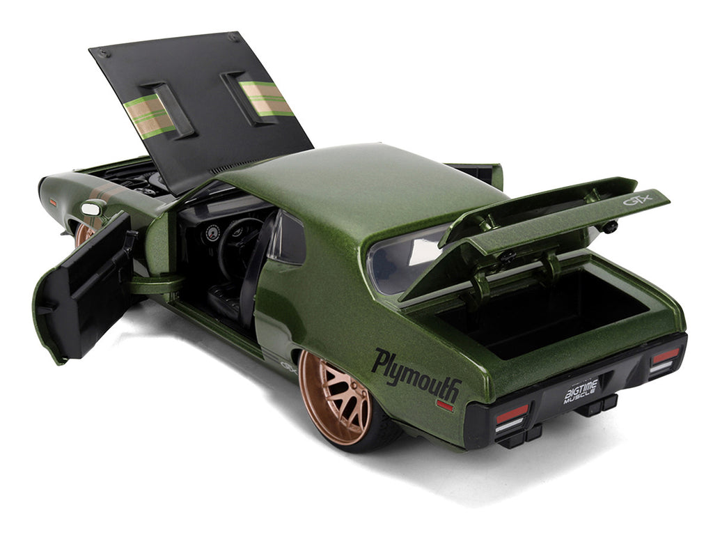 1972 Plymouth GTX Green Metallic with Matt Black Hood and Gold Stripes "Bigtime Muscle" Series 1/24 Diecast Model Car by Jada-3