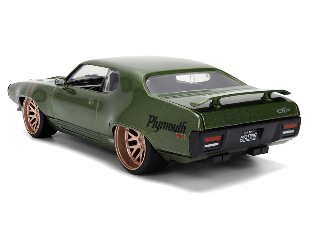 1972 Plymouth GTX Green Metallic with Matt Black Hood and Gold Stripes "Bigtime Muscle" Series 1/24 Diecast Model Car by Jada-4